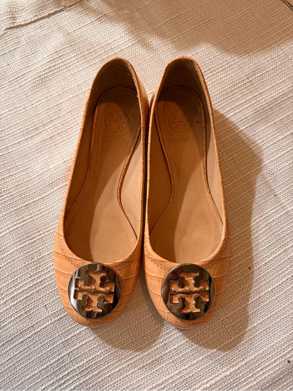 Tory Burch Croc-Embossed Tan Ballet Flats with Gold Logo Medallion